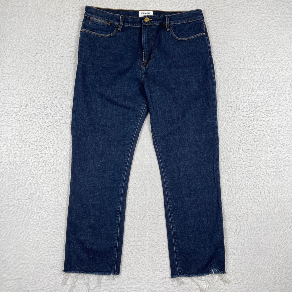 Frame Le High Straight Jeans Women 33 Blue Bronx Raw Hem Stretch Denim LHSTRA415